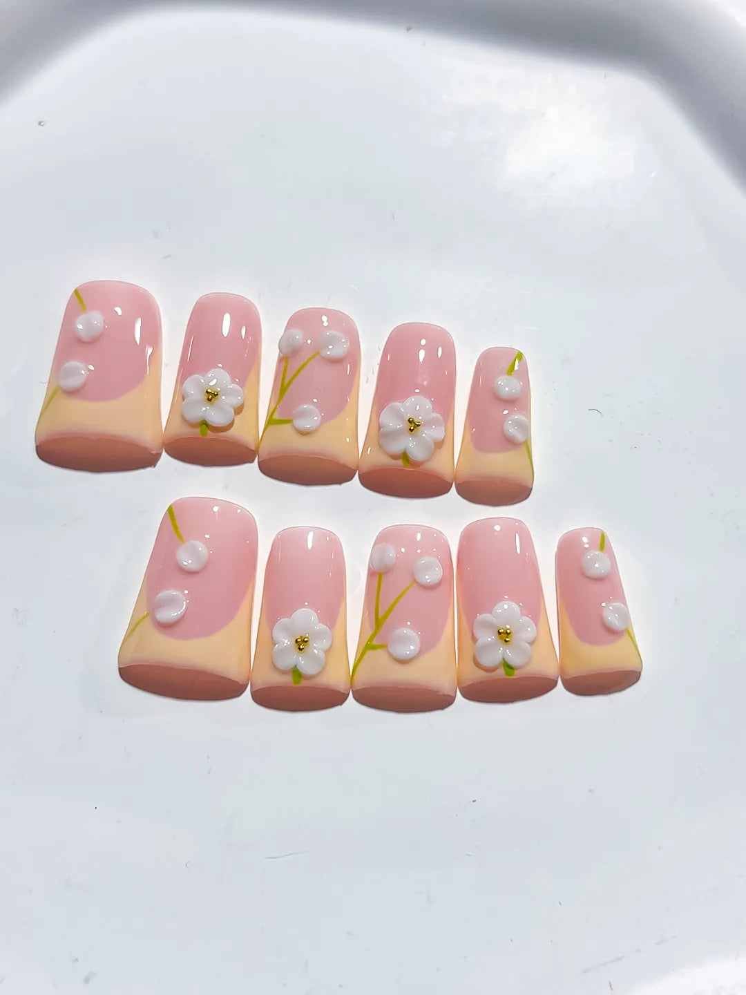 L277 - Short Pink Nude Duck French tip Flower Pearl