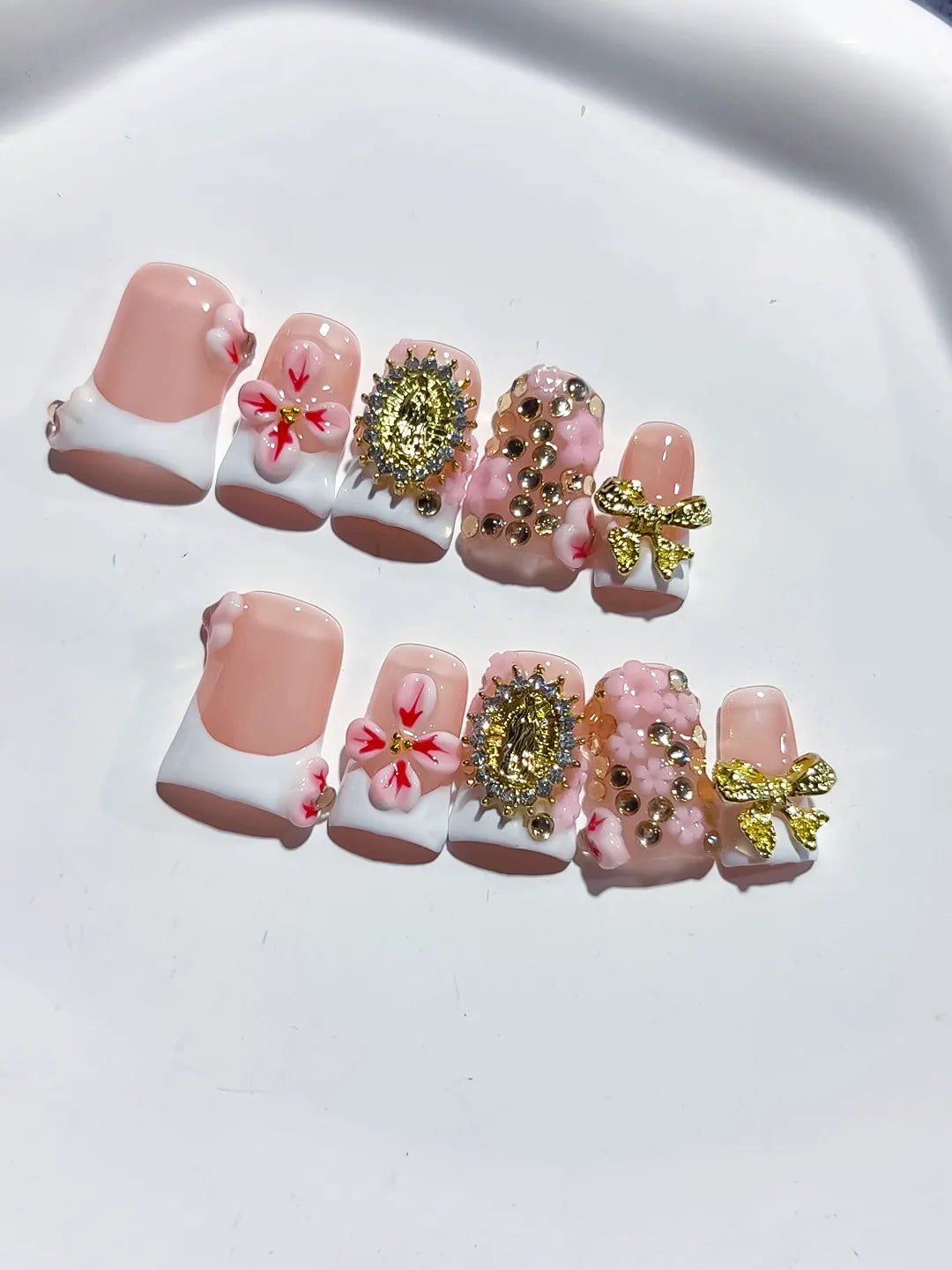 L279 - Short Nude White Duck French tip Flower Bow