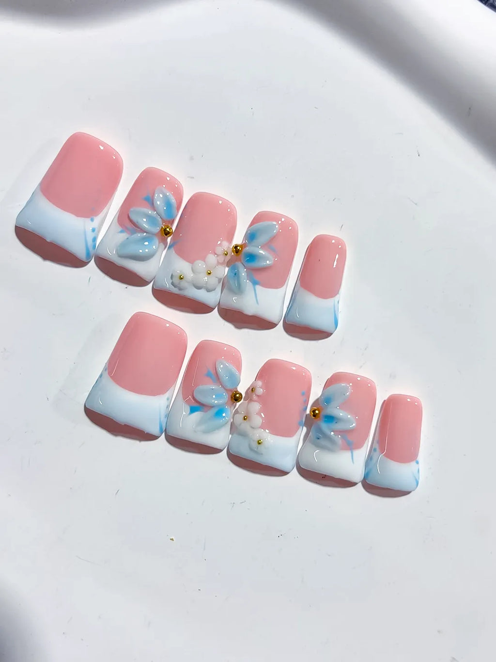 L280 - Short Pink White Duck French tip Flower 3D
