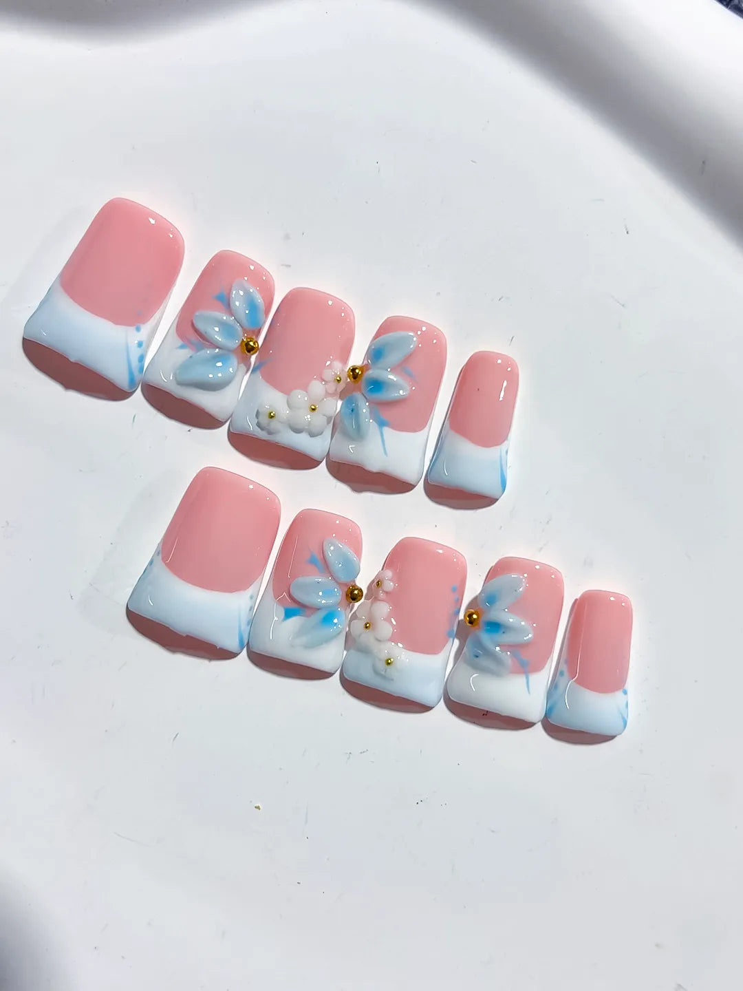 L280 - Short Pink White Duck French tip Flower 3D