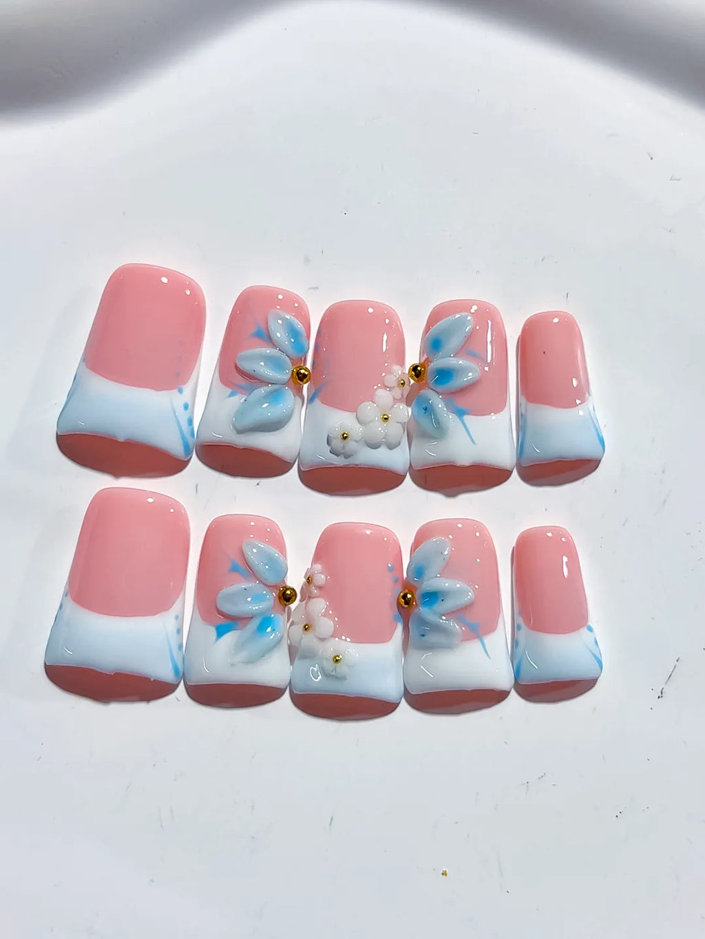 L280 - Short Pink White Duck French tip Flower 3D
