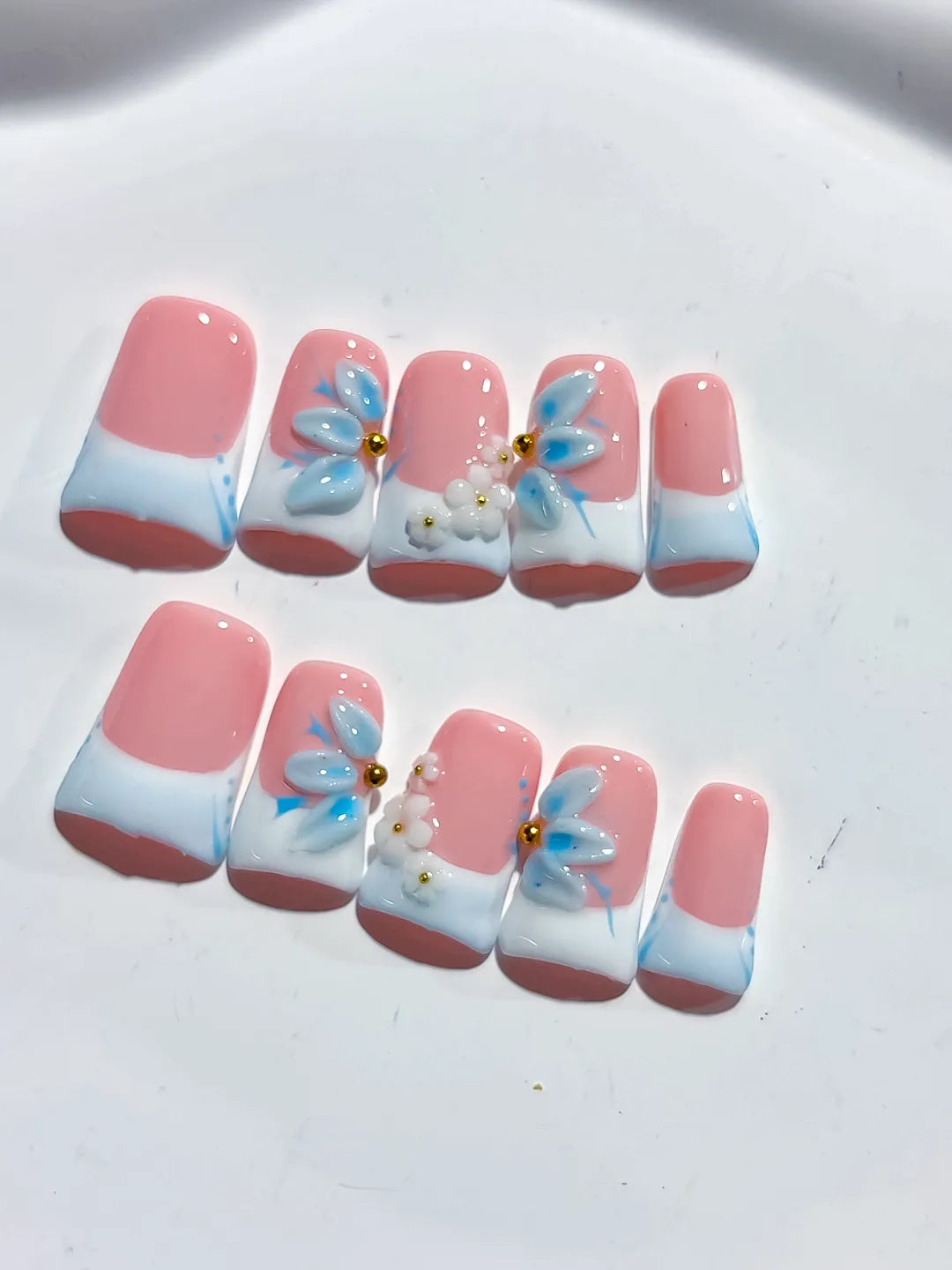 L280 - Short Pink White Duck French tip Flower 3D