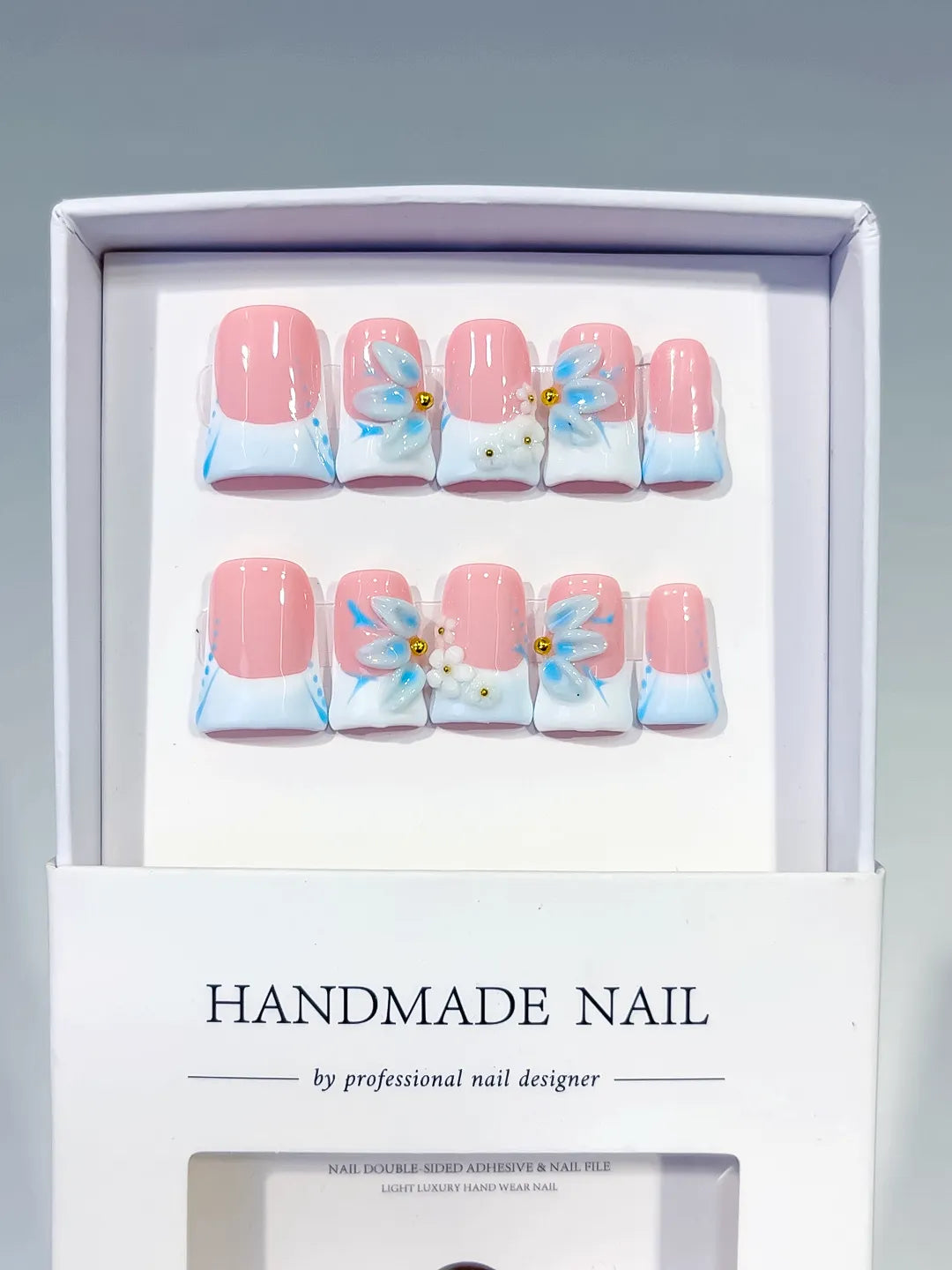L280 - Short Pink White Duck French tip Flower 3D