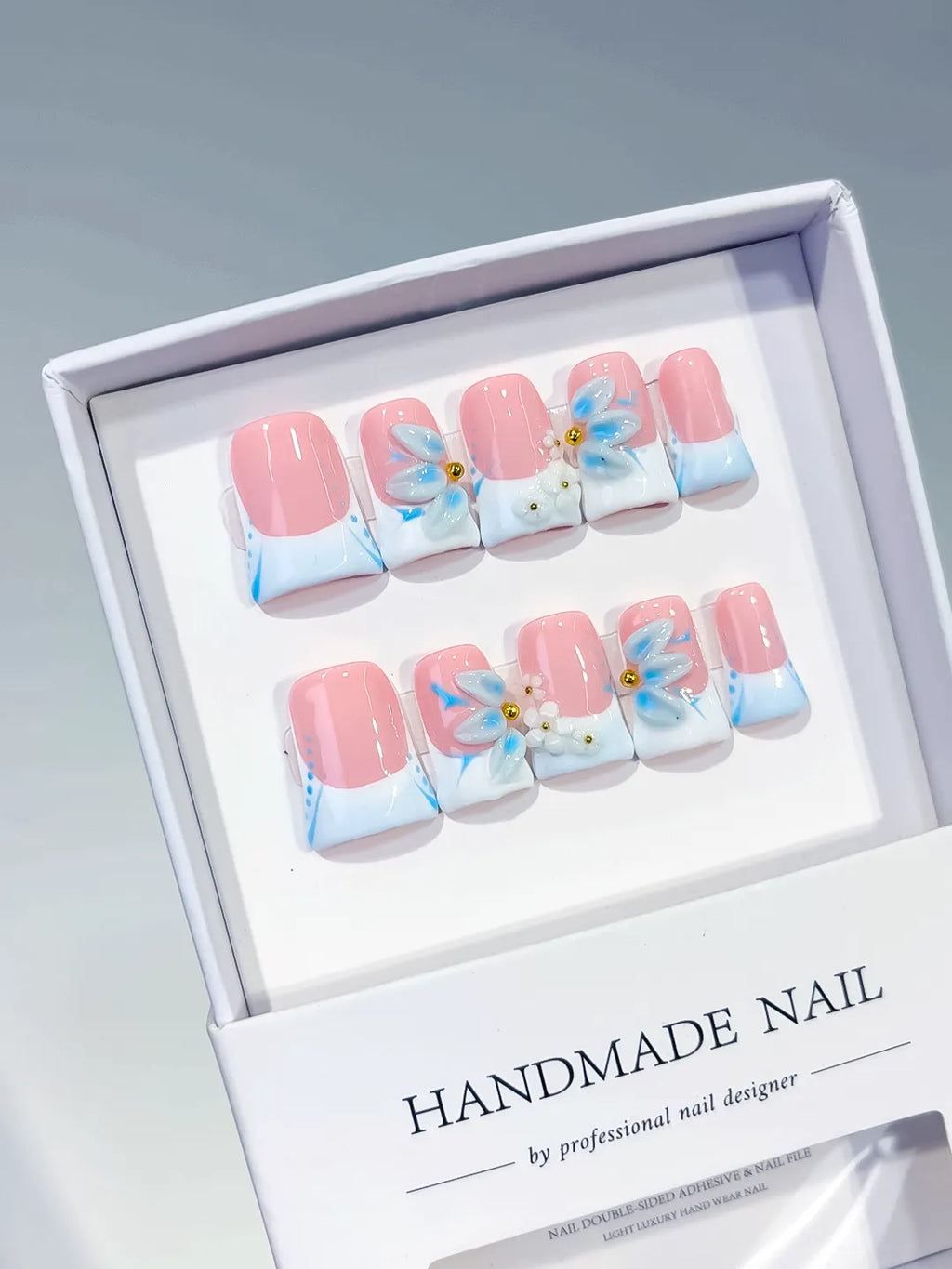 L280 - Short Pink White Duck French tip Flower 3D