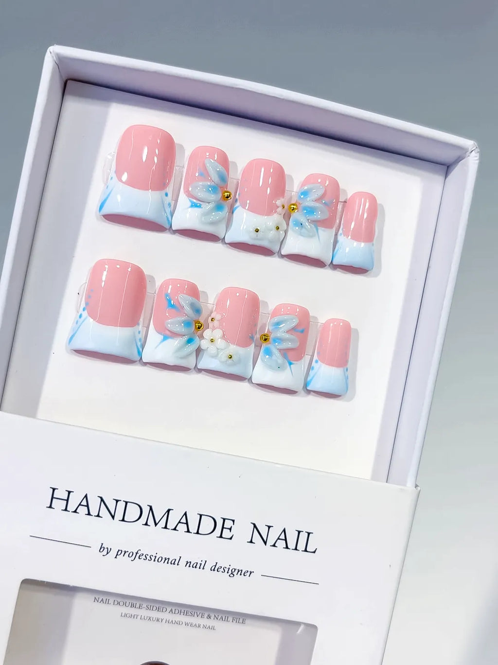 L280 - Short Pink White Duck French tip Flower 3D
