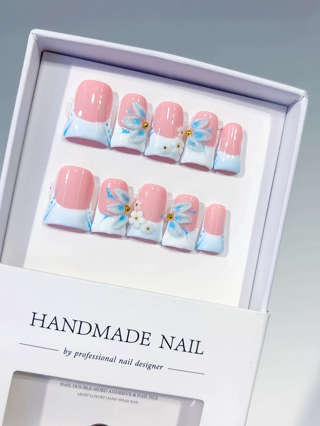 L280 - Short Pink White Duck French tip Flower 3D