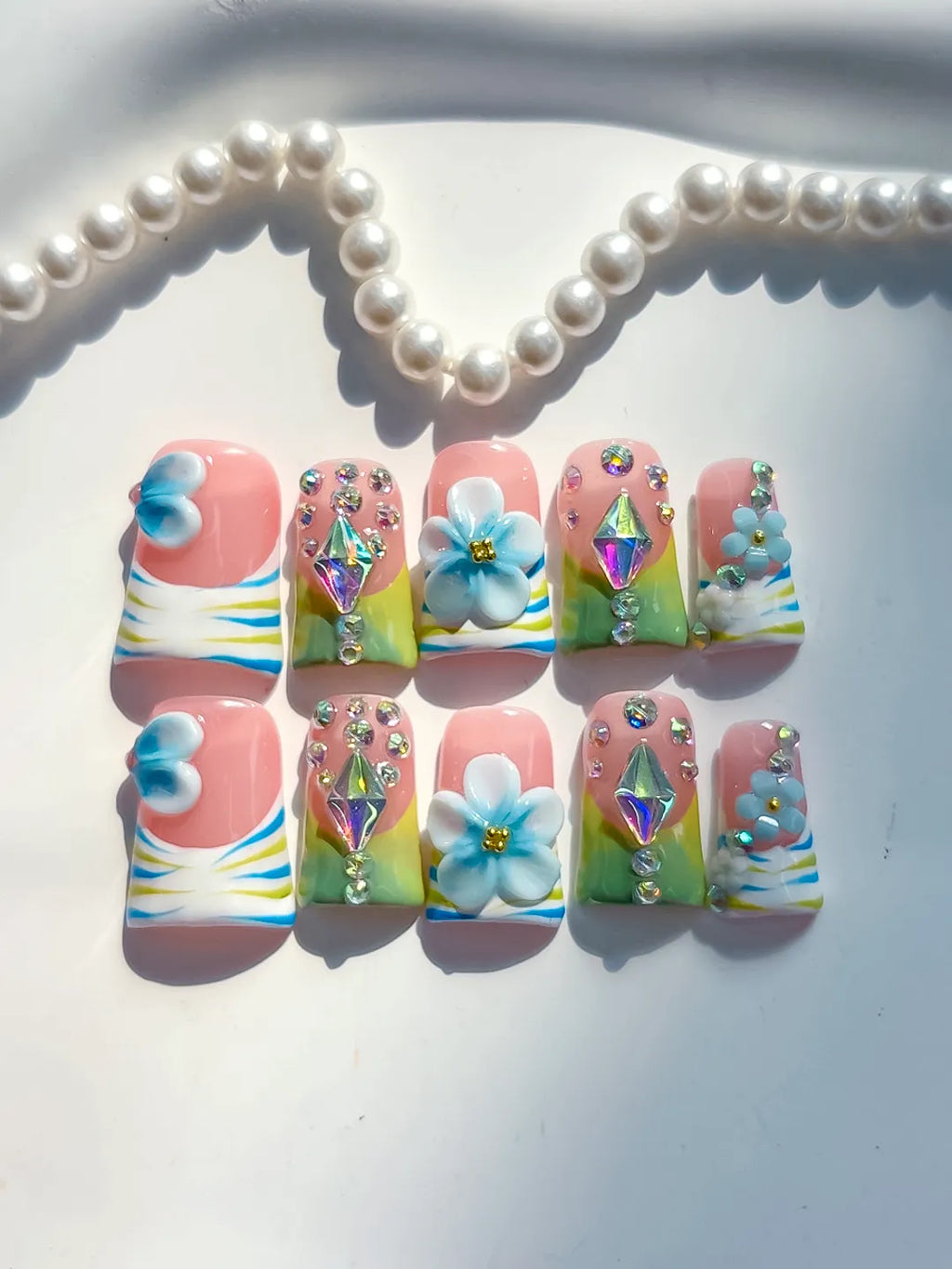 L282 - Short Nude Blue Duck Abstract Flower Rhinestone