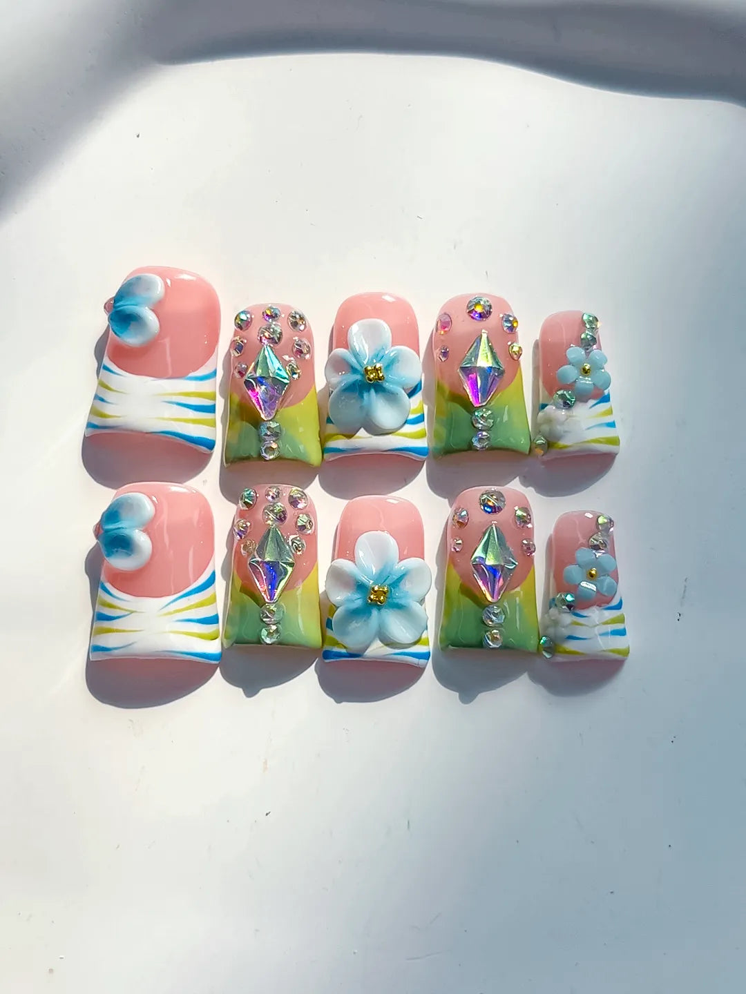 L282 - Short Nude Blue Duck Abstract Flower Rhinestone