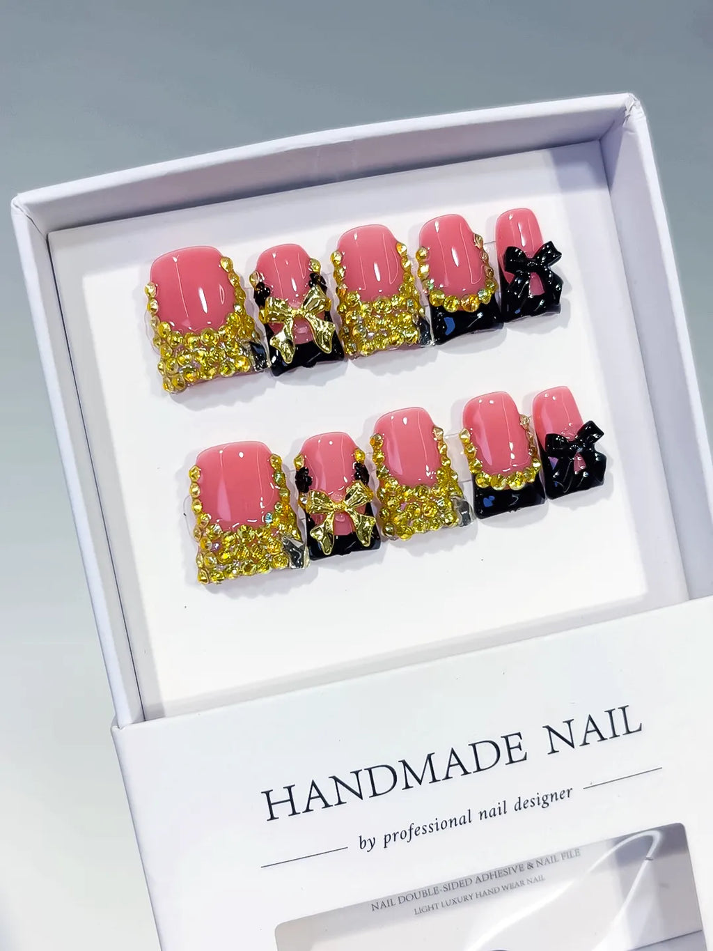 L284 - Short Pink Black Duck French tip Bow Rhinestone