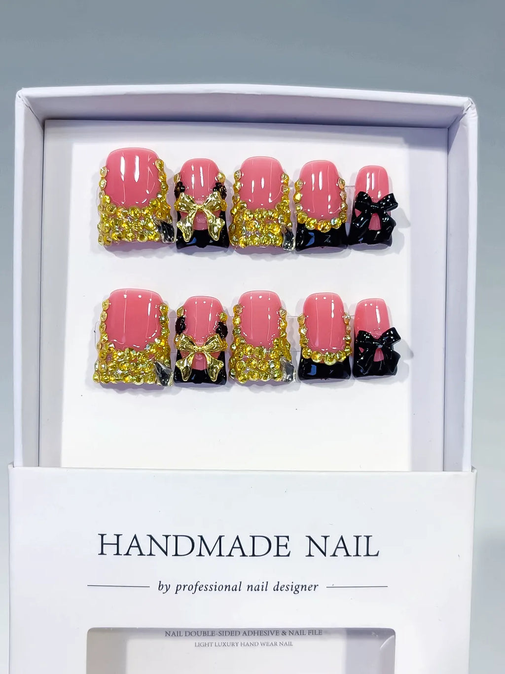 L284 - Short Pink Black Duck French tip Bow Rhinestone