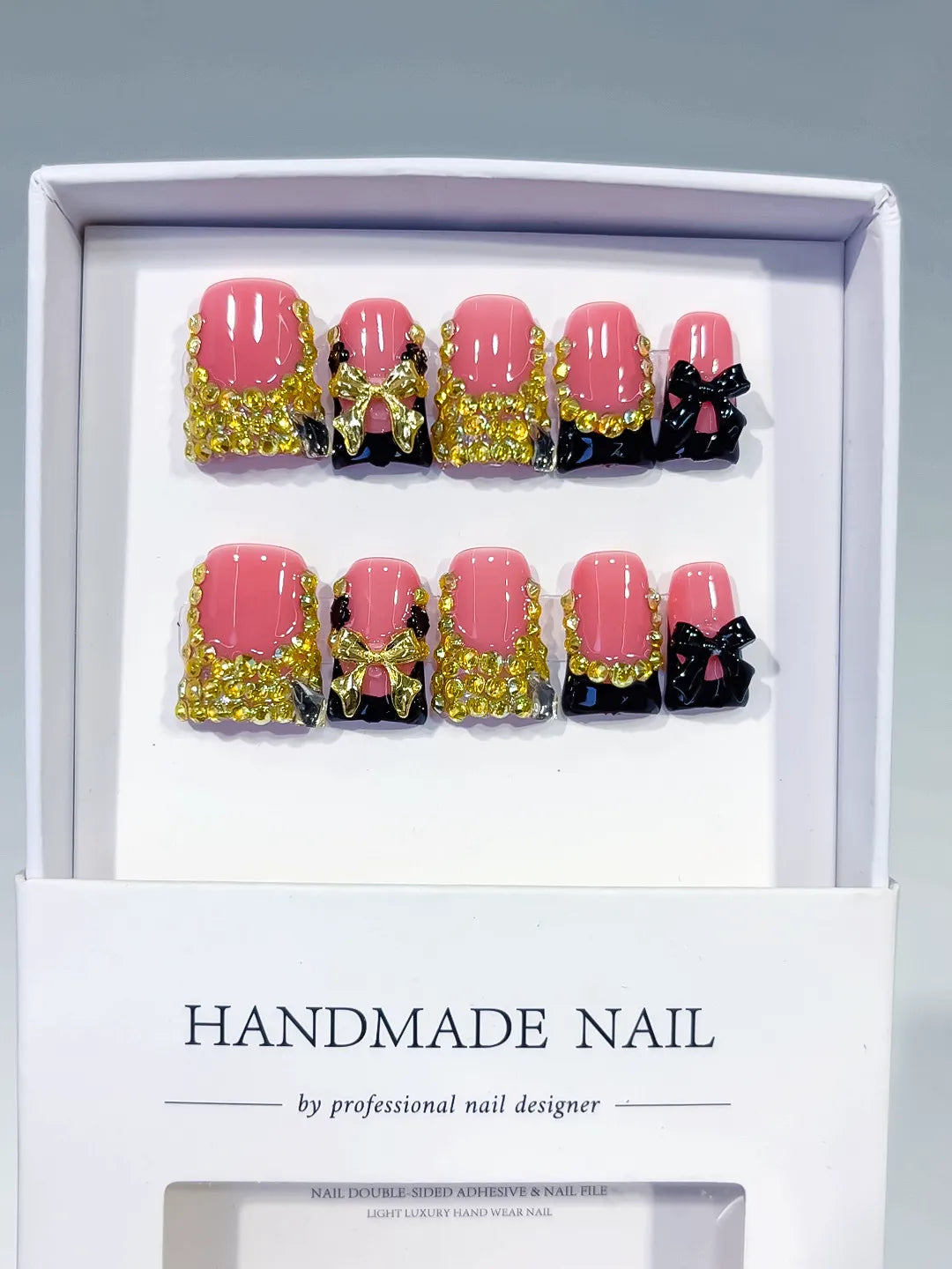 L284 - Short Pink Black Duck French tip Bow Rhinestone