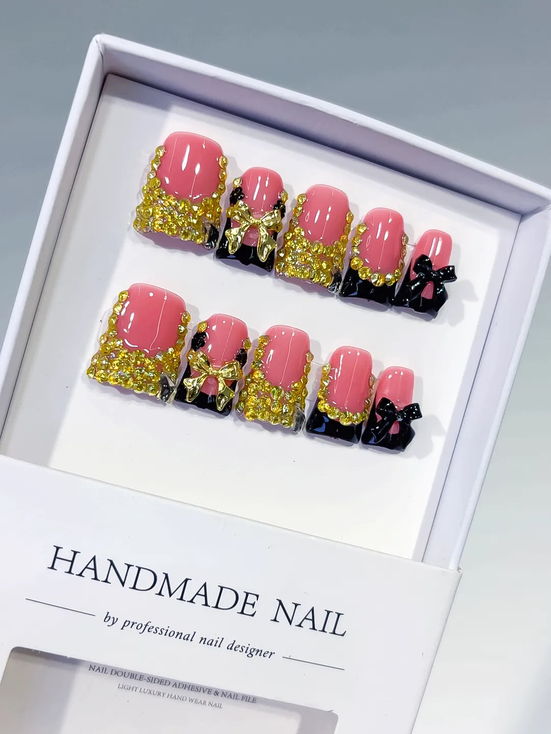 L284 - Short Pink Black Duck French tip Bow Rhinestone