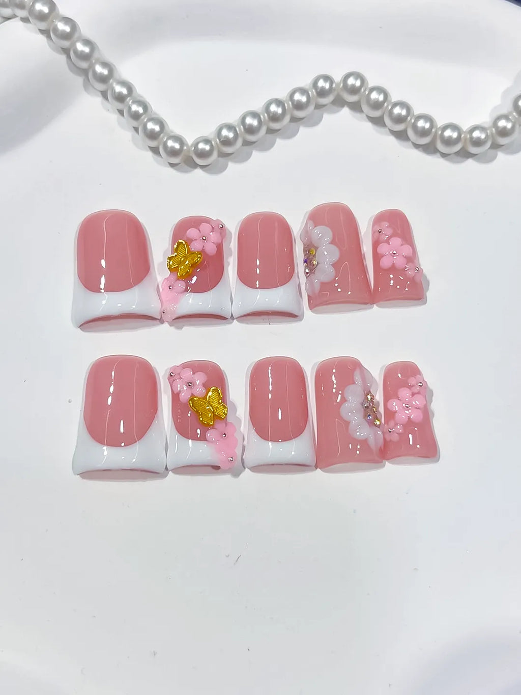 L288 - Short Pink White Duck French tip Flower 3D