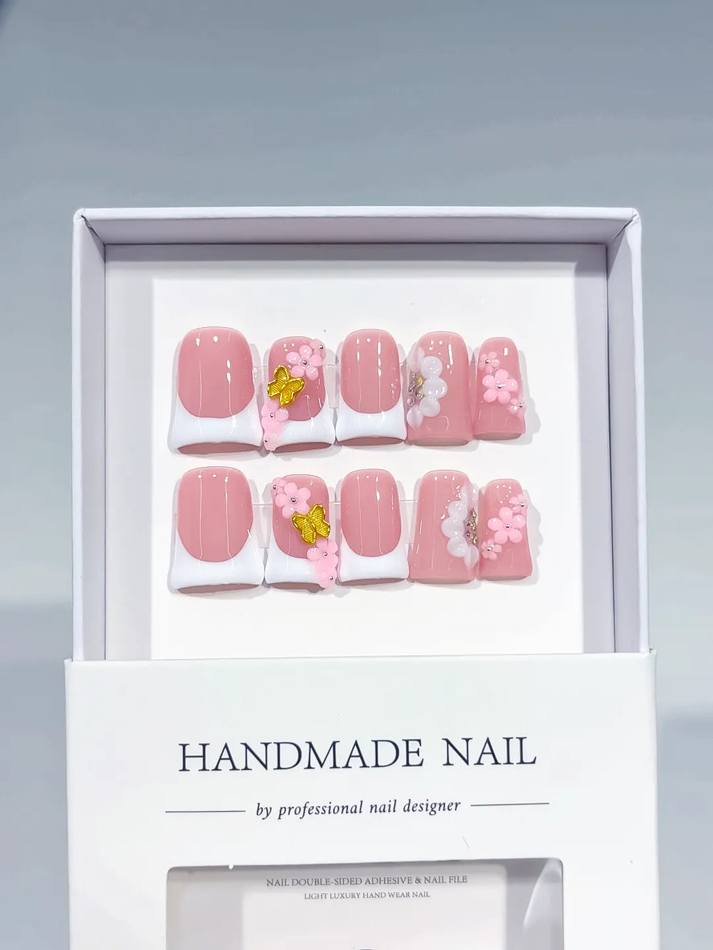 L288 - Short Pink White Duck French tip Flower 3D