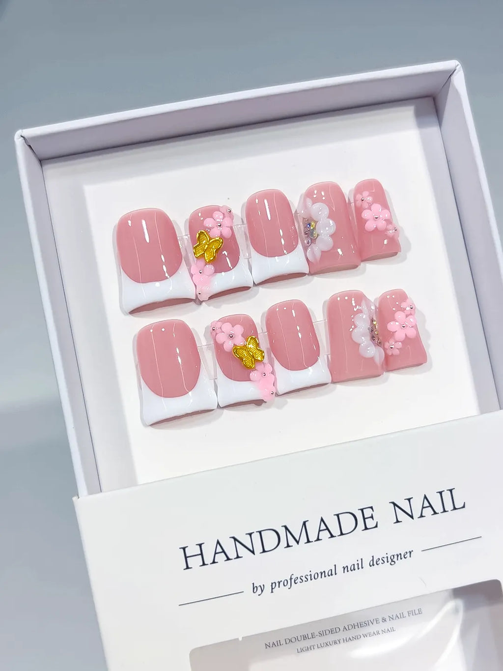 L288 - Short Pink White Duck French tip Flower 3D