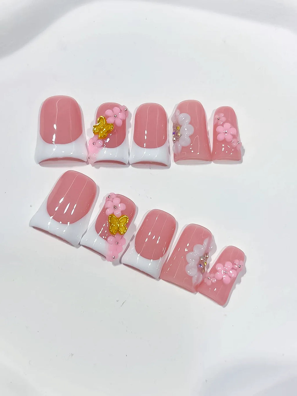 L288 - Short Pink White Duck French tip Flower 3D
