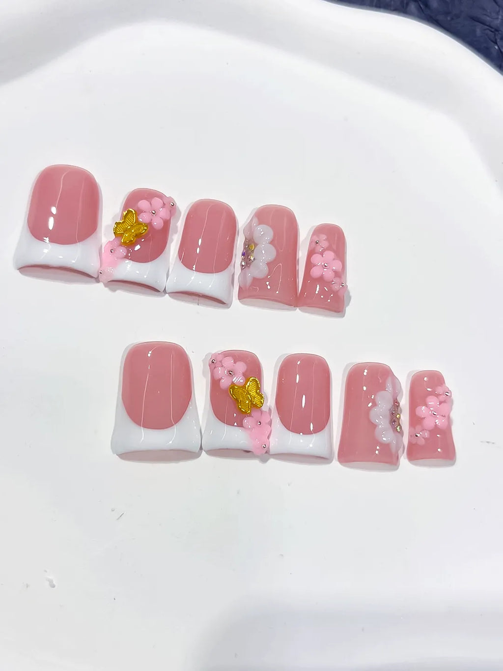 L288 - Short Pink White Duck French tip Flower 3D