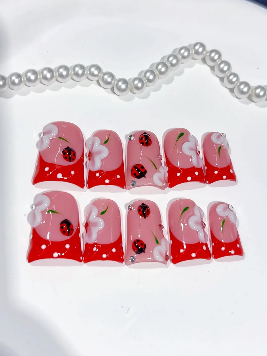 L289 - Short Pink Red Duck Abstract Ladybug Flower