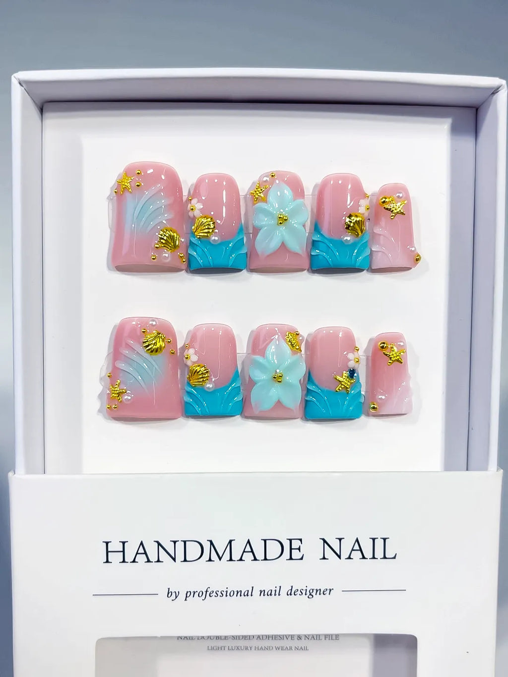 L292 - Short Pink Blue Duck French tip Flower Rhinestone