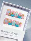 L292 - Short Pink Blue Duck French tip Flower Rhinestone