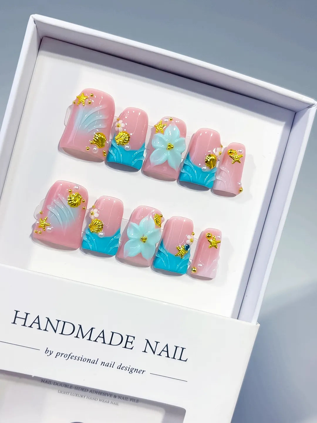 L292 - Short Pink Blue Duck French tip Flower Rhinestone