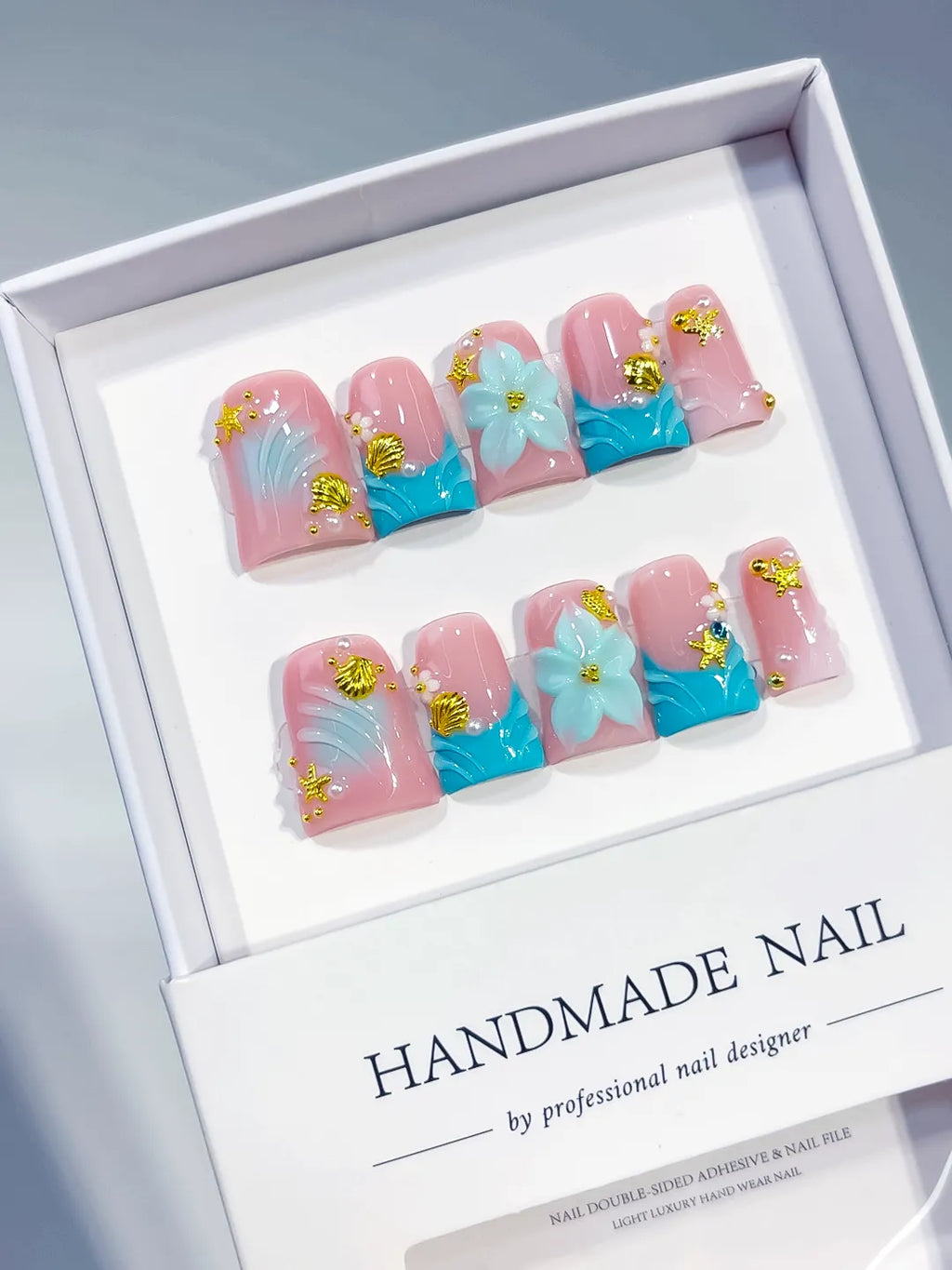 L292 - Short Pink Blue Duck French tip Flower Rhinestone