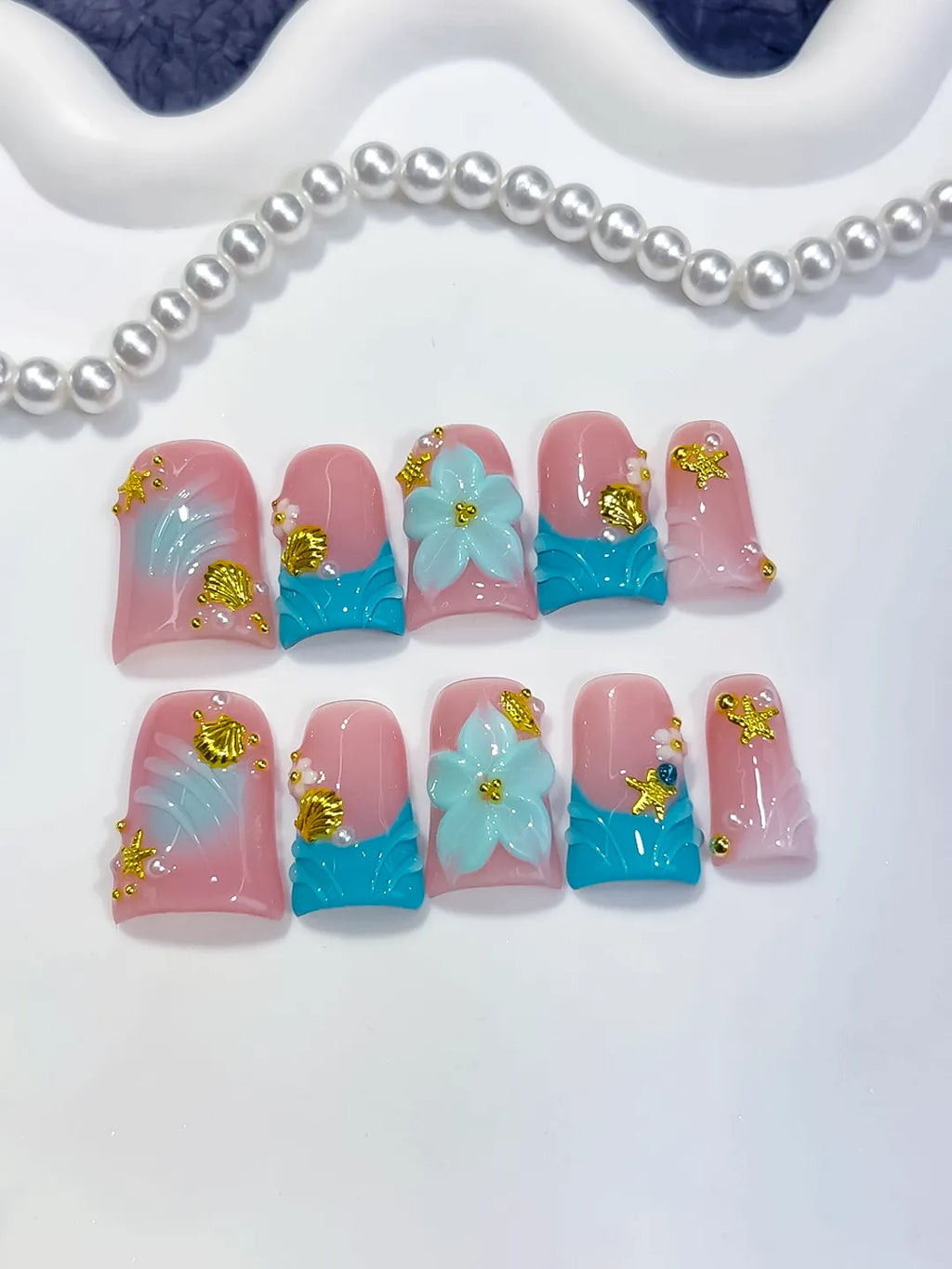 L292 - Short Pink Blue Duck French tip Flower Rhinestone