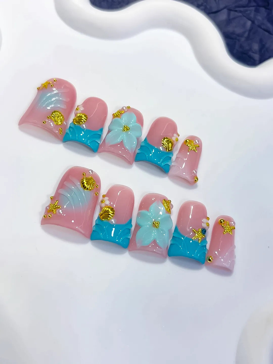 L292 - Short Pink Blue Duck French tip Flower Rhinestone