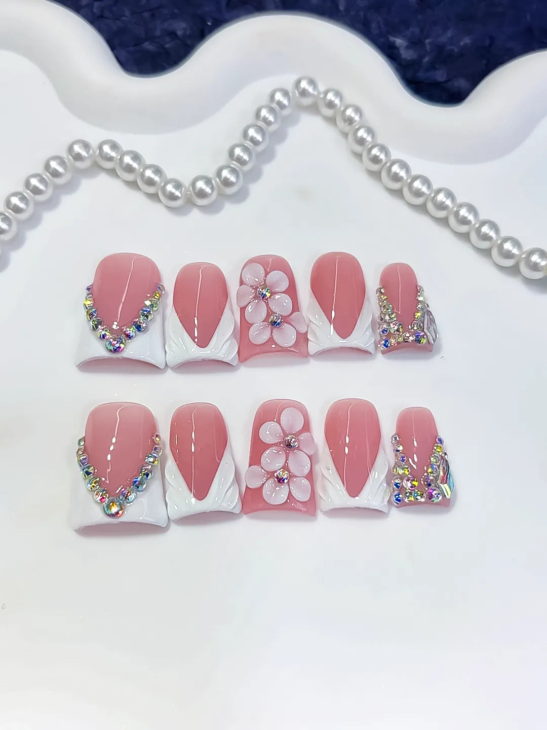 L293 - Short Pink White Duck French tip Flower Rhinestone