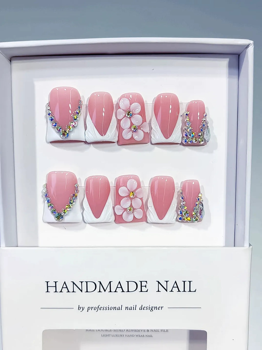 L293 - Short Pink White Duck French tip Flower Rhinestone