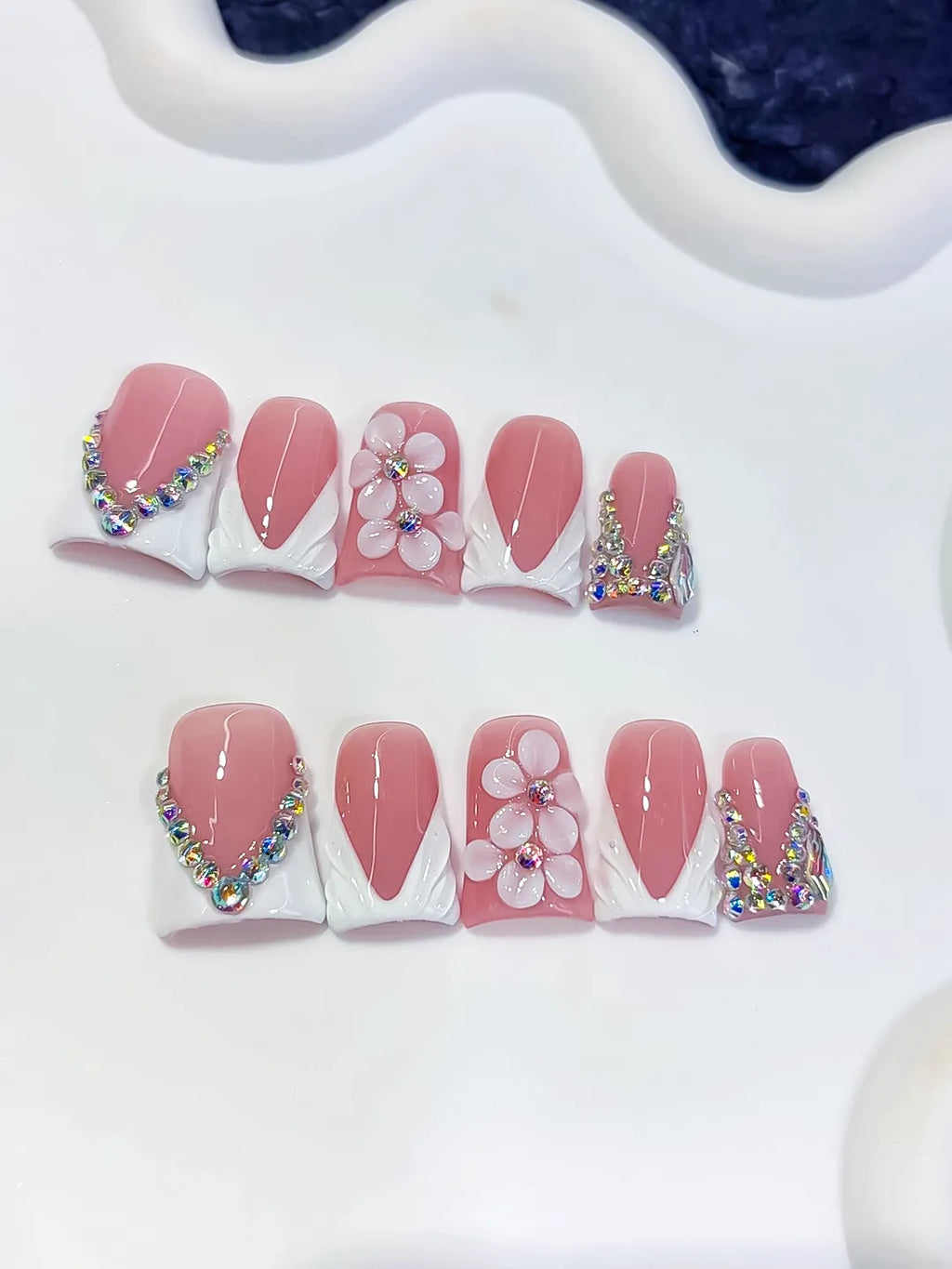 L293 - Short Pink White Duck French tip Flower Rhinestone