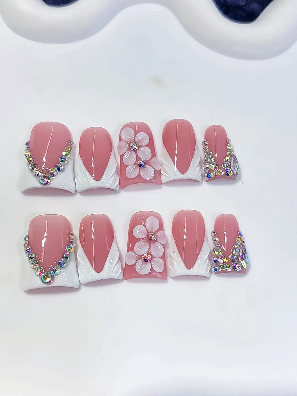 L293 - Short Pink White Duck French tip Flower Rhinestone