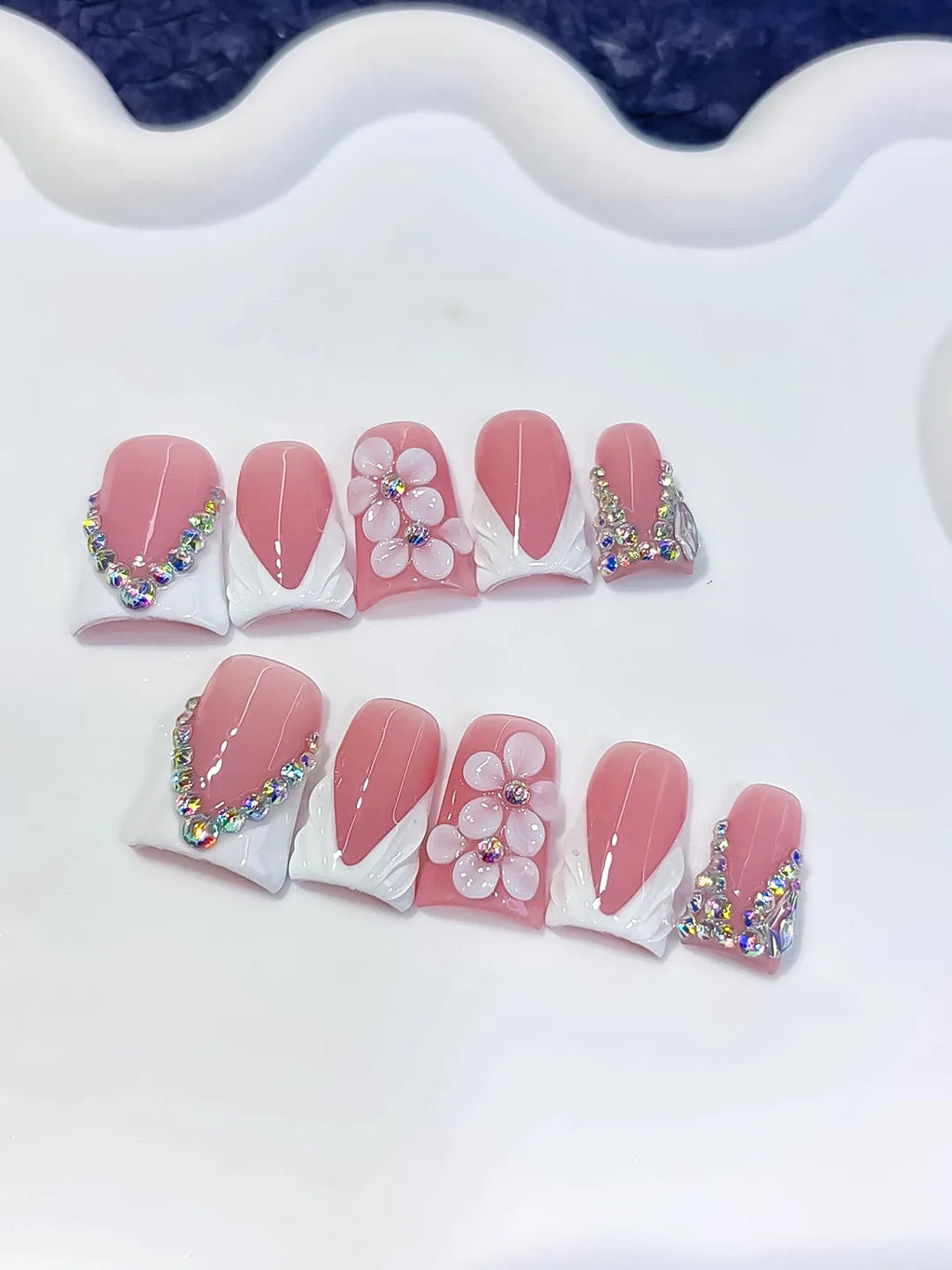 L293 - Short Pink White Duck French tip Flower Rhinestone