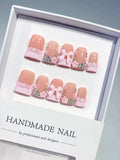 L294 - Short Nude Pink Duck French tip Flower Bow