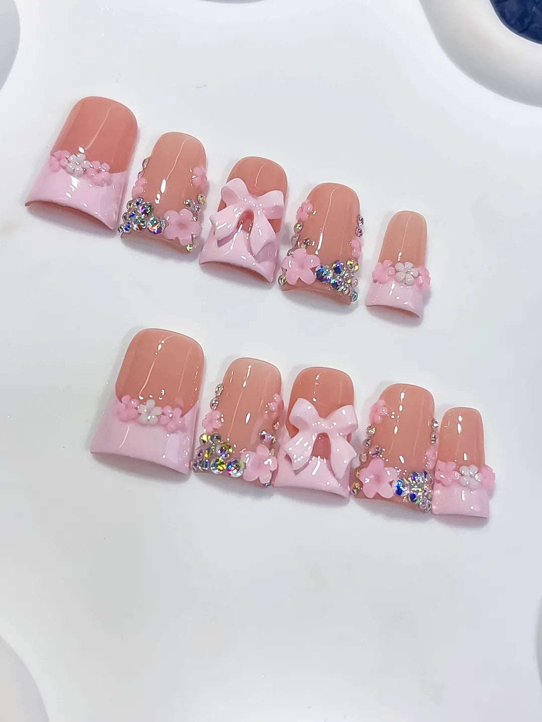 L294 - Short Nude Pink Duck French tip Flower Bow