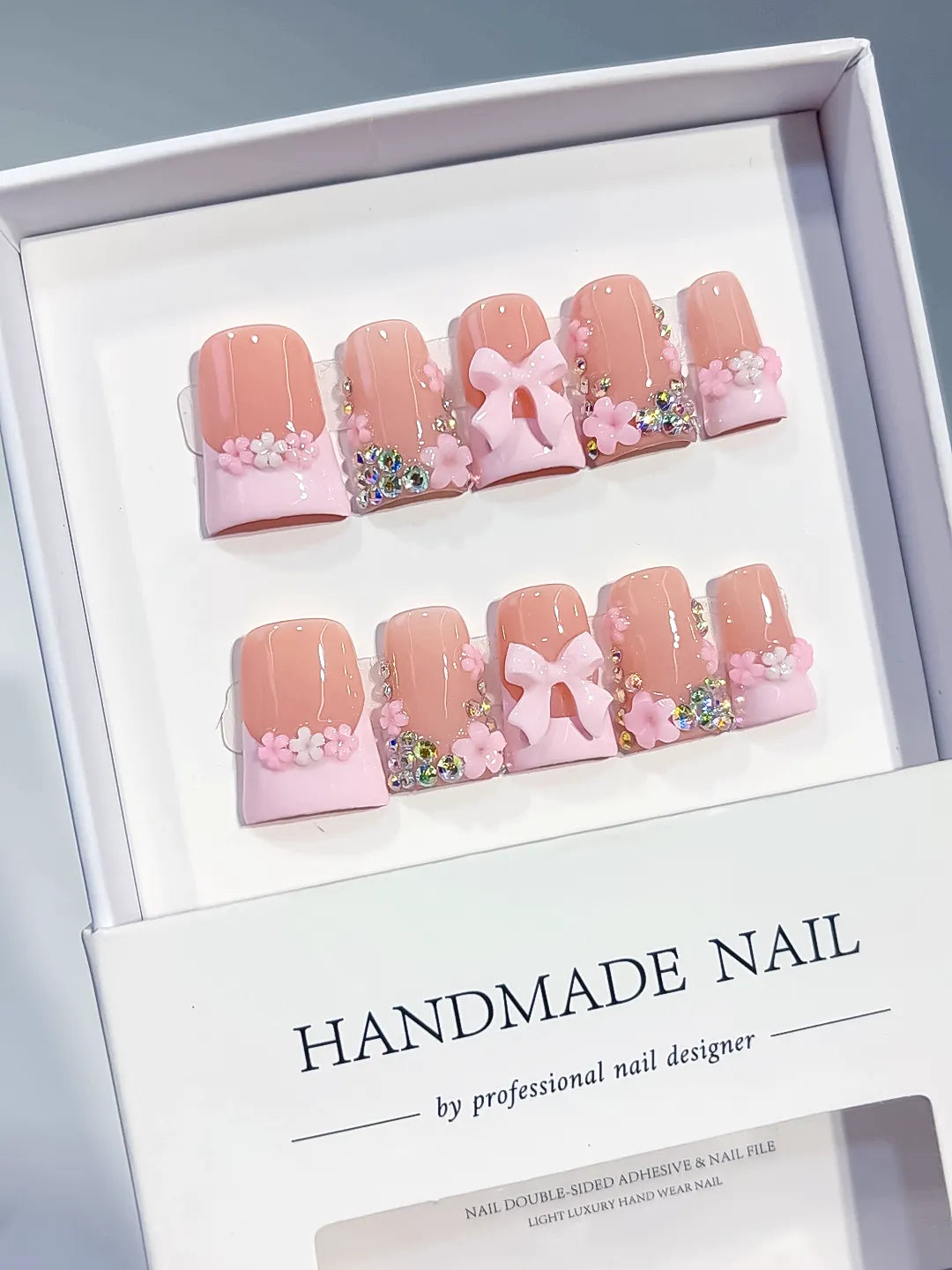 L294 - Short Nude Pink Duck French tip Flower Bow