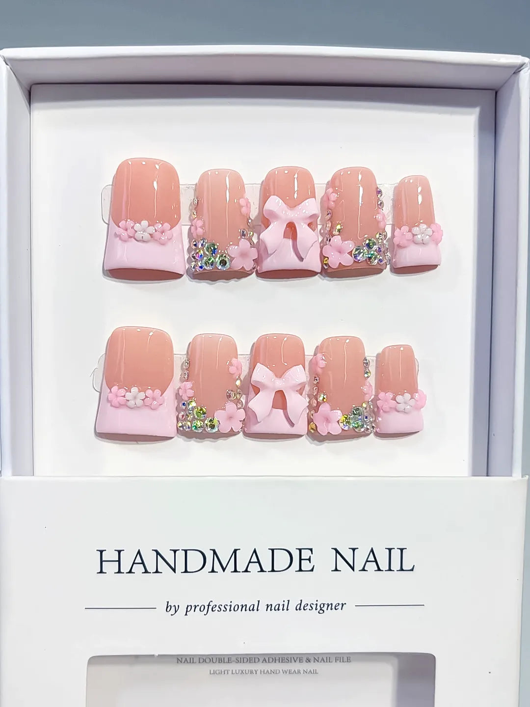 L294 - Short Nude Pink Duck French tip Flower Bow