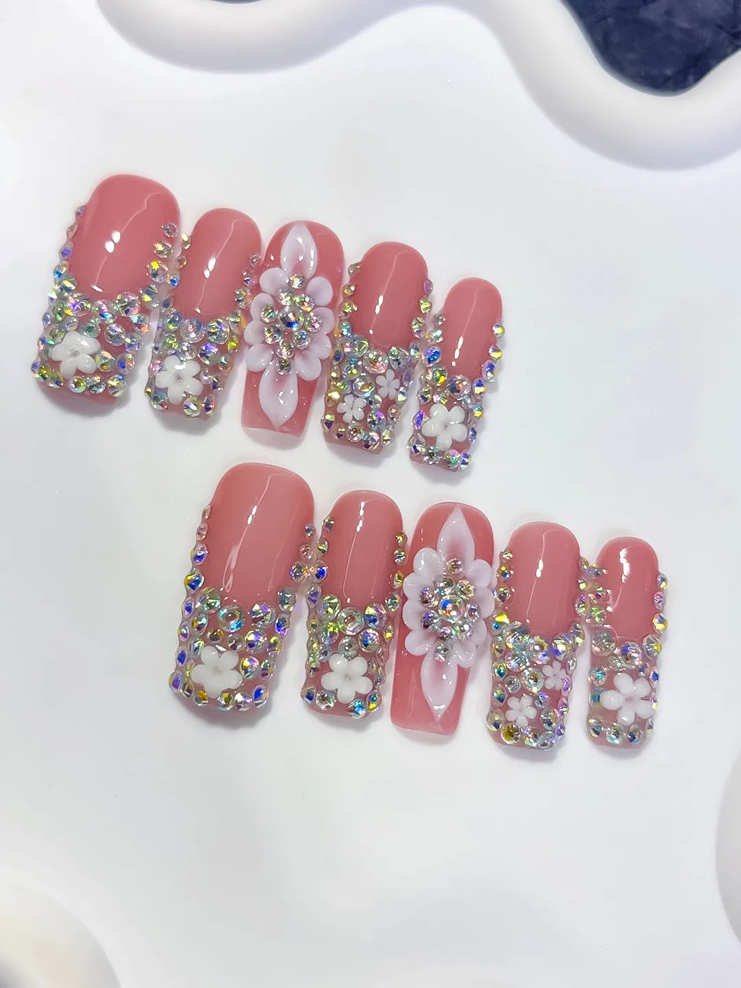 L296 - Long Pink Silver Square Glitter