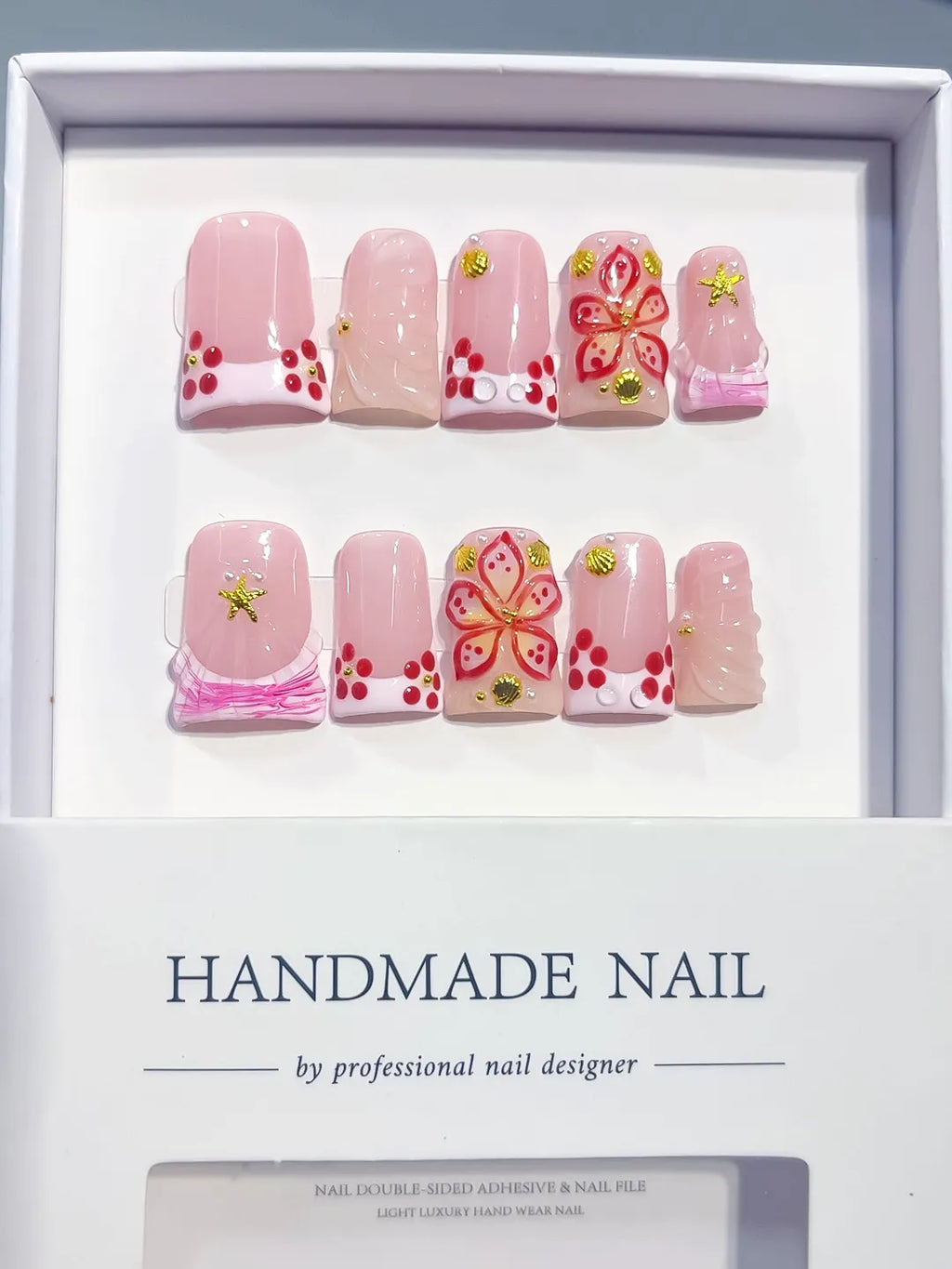L297 - Short Pink White Duck French tip Butterfly Starfish