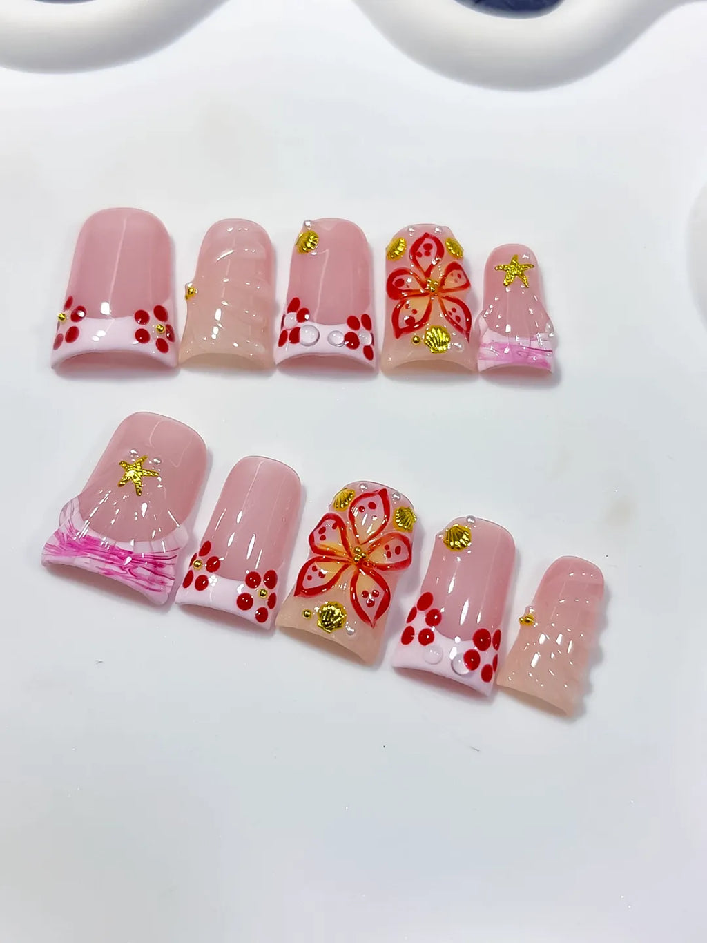 L297 - Short Pink White Duck French tip Butterfly Starfish