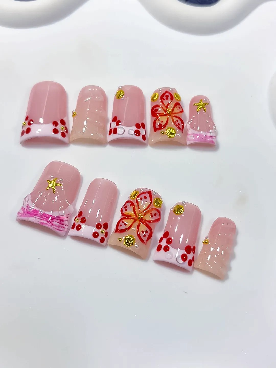 L297 - Short Pink White Duck French tip Butterfly Starfish