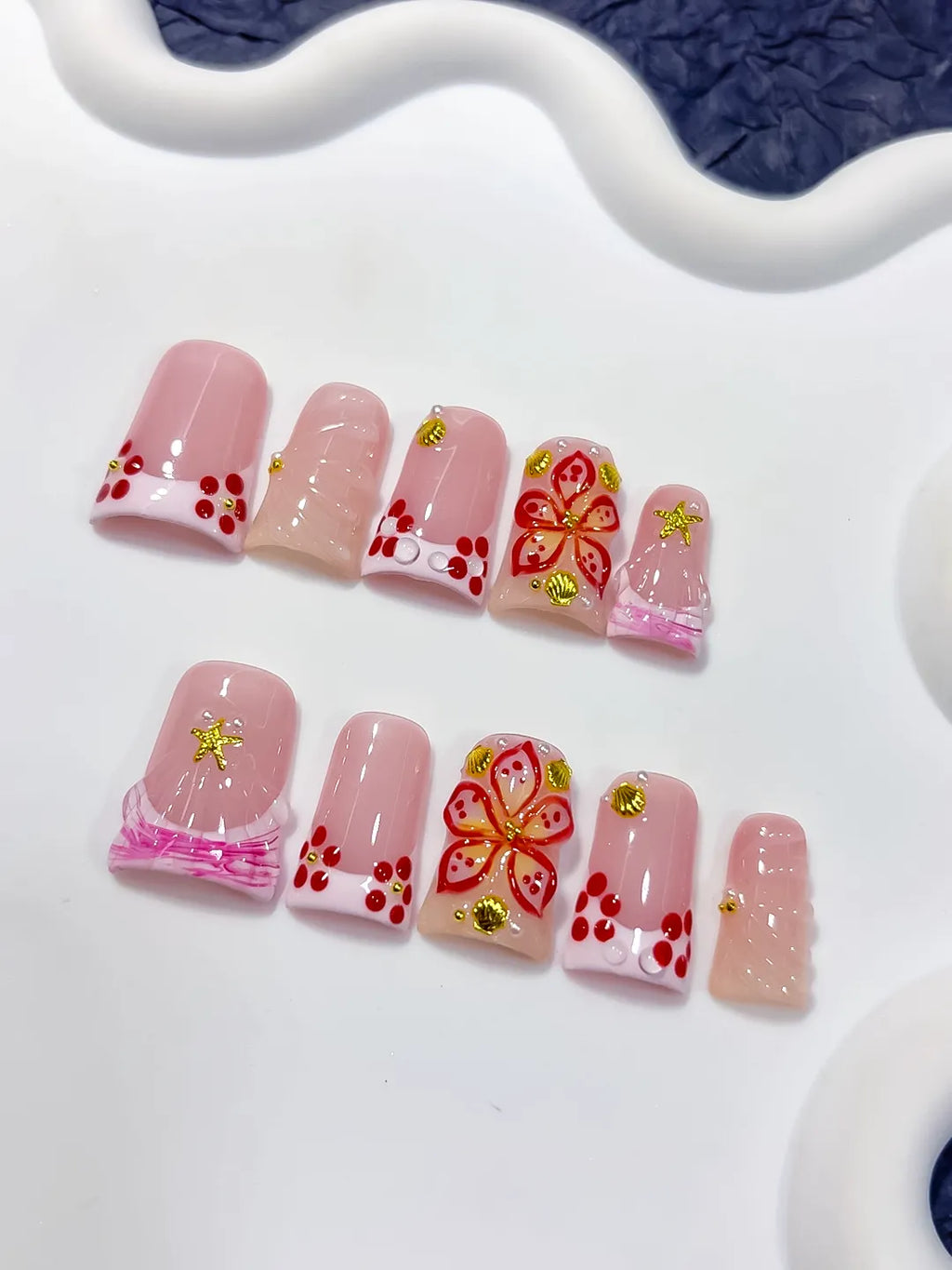 L297 - Short Pink White Duck French tip Butterfly Starfish