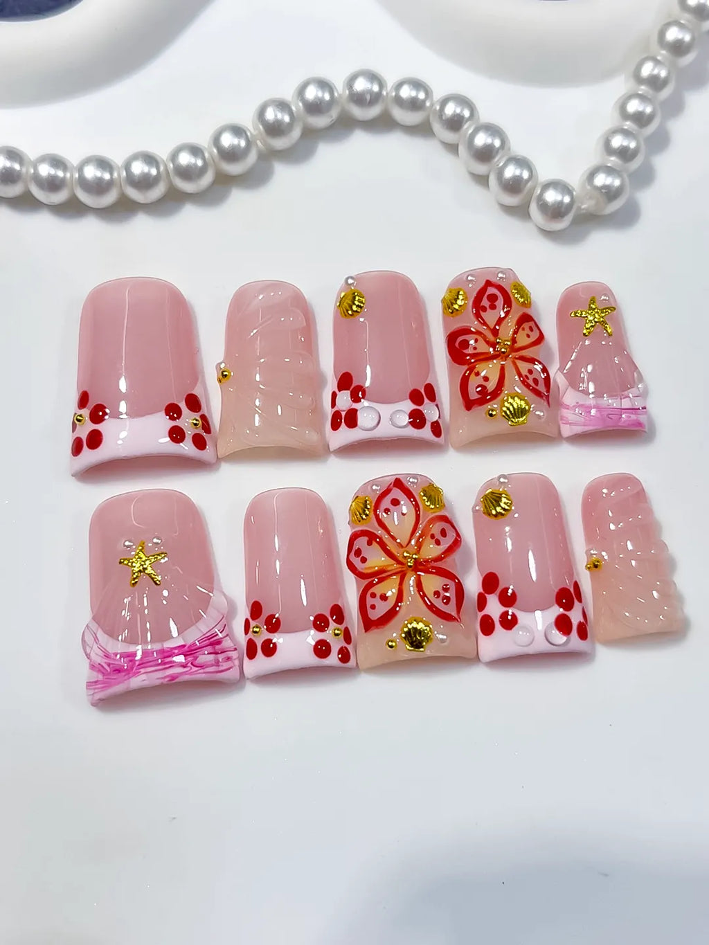 L297 - Short Pink White Duck French tip Butterfly Starfish