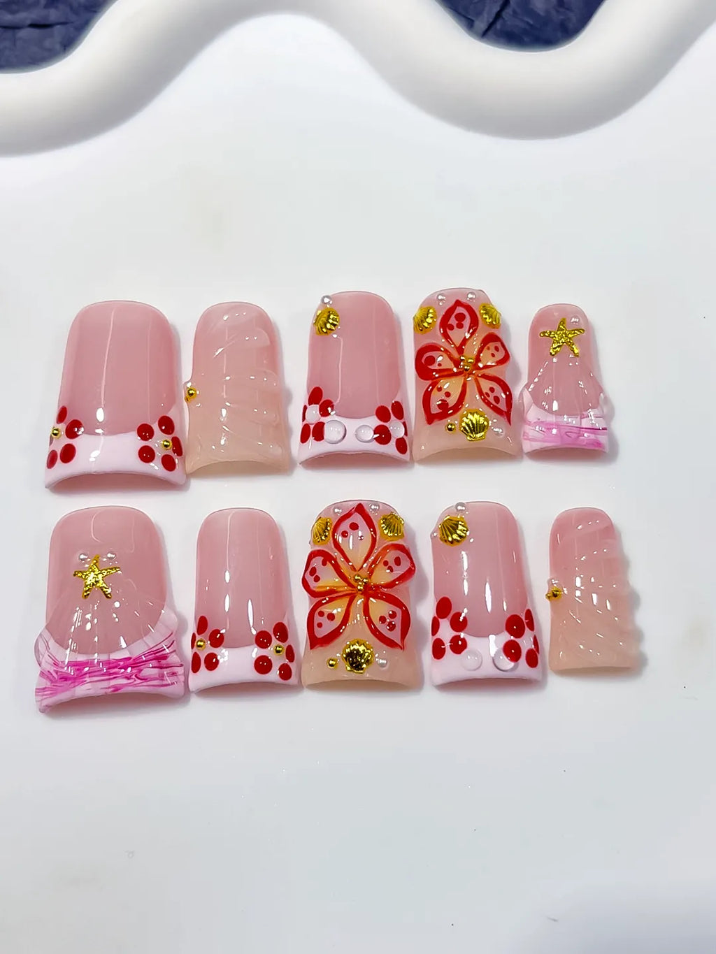 L297 - Short Pink White Duck French tip Butterfly Starfish