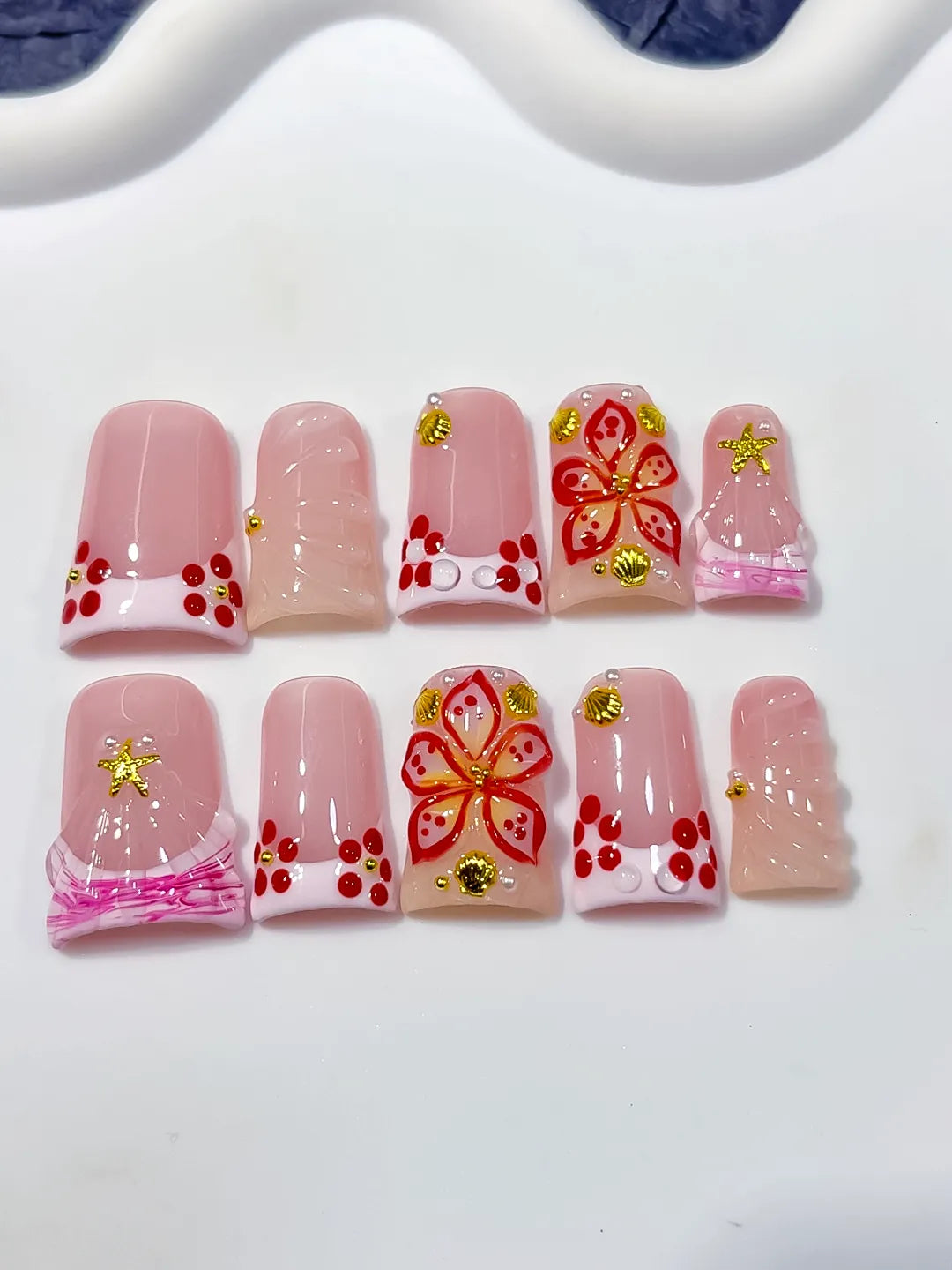 L297 - Short Pink White Duck French tip Butterfly Starfish
