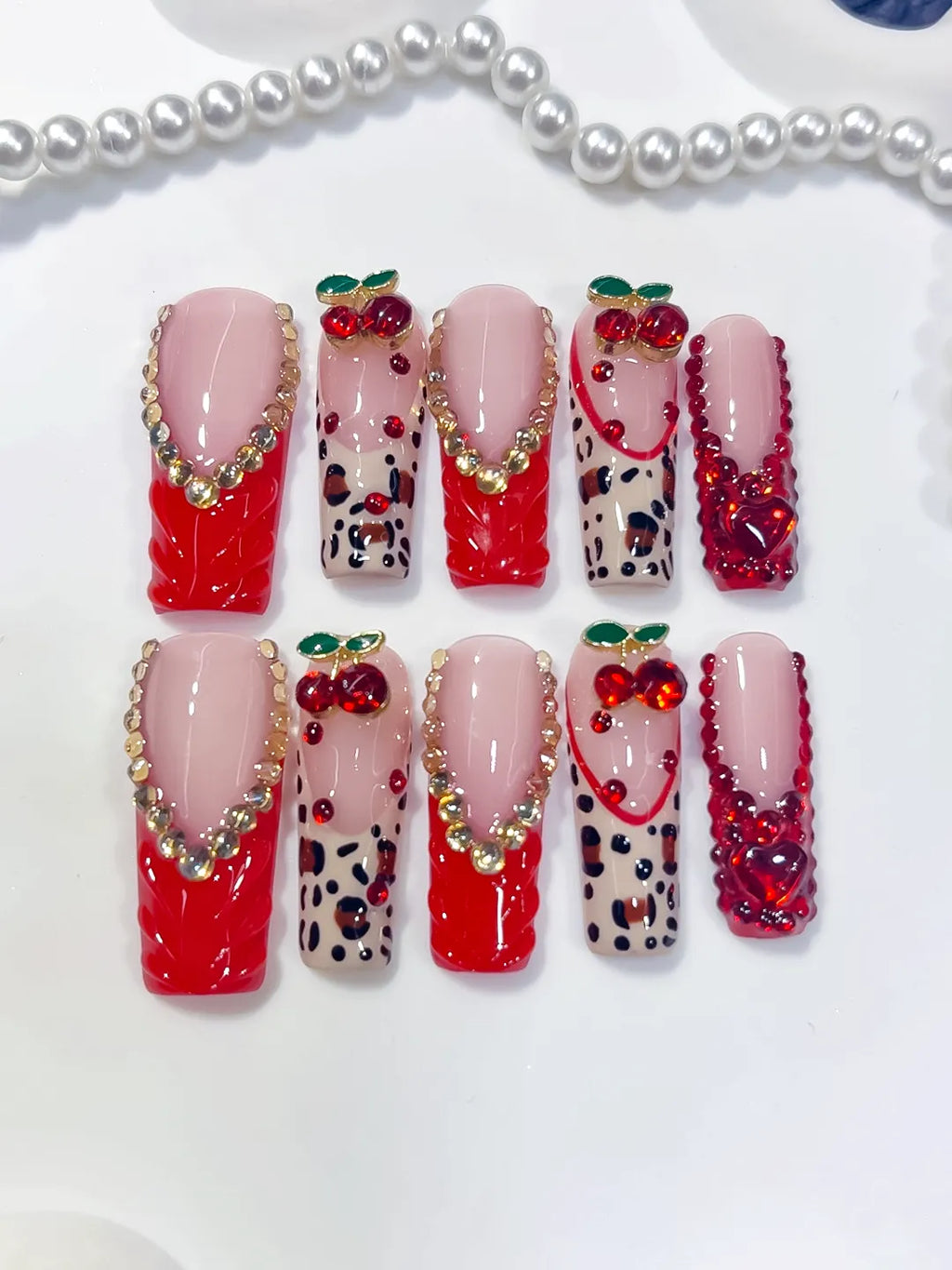 L299 - Long Red Pink Square Abstract Bow Cherry