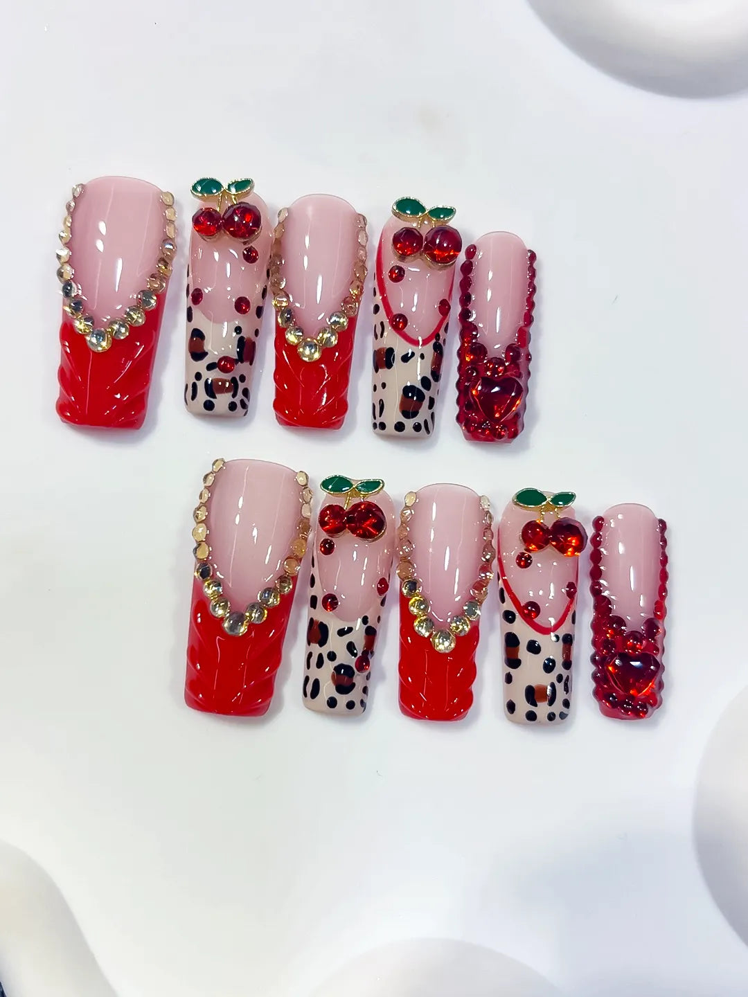L299 - Long Red Pink Square Abstract Bow Cherry