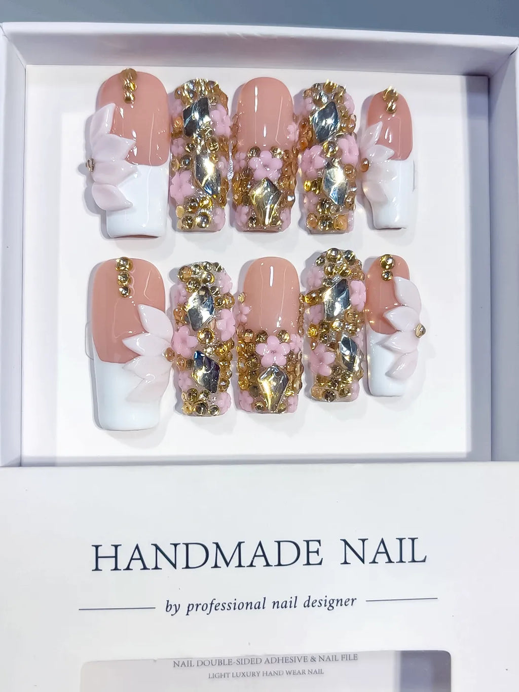 L300 - Long Nude White Square French tip Flower Bow