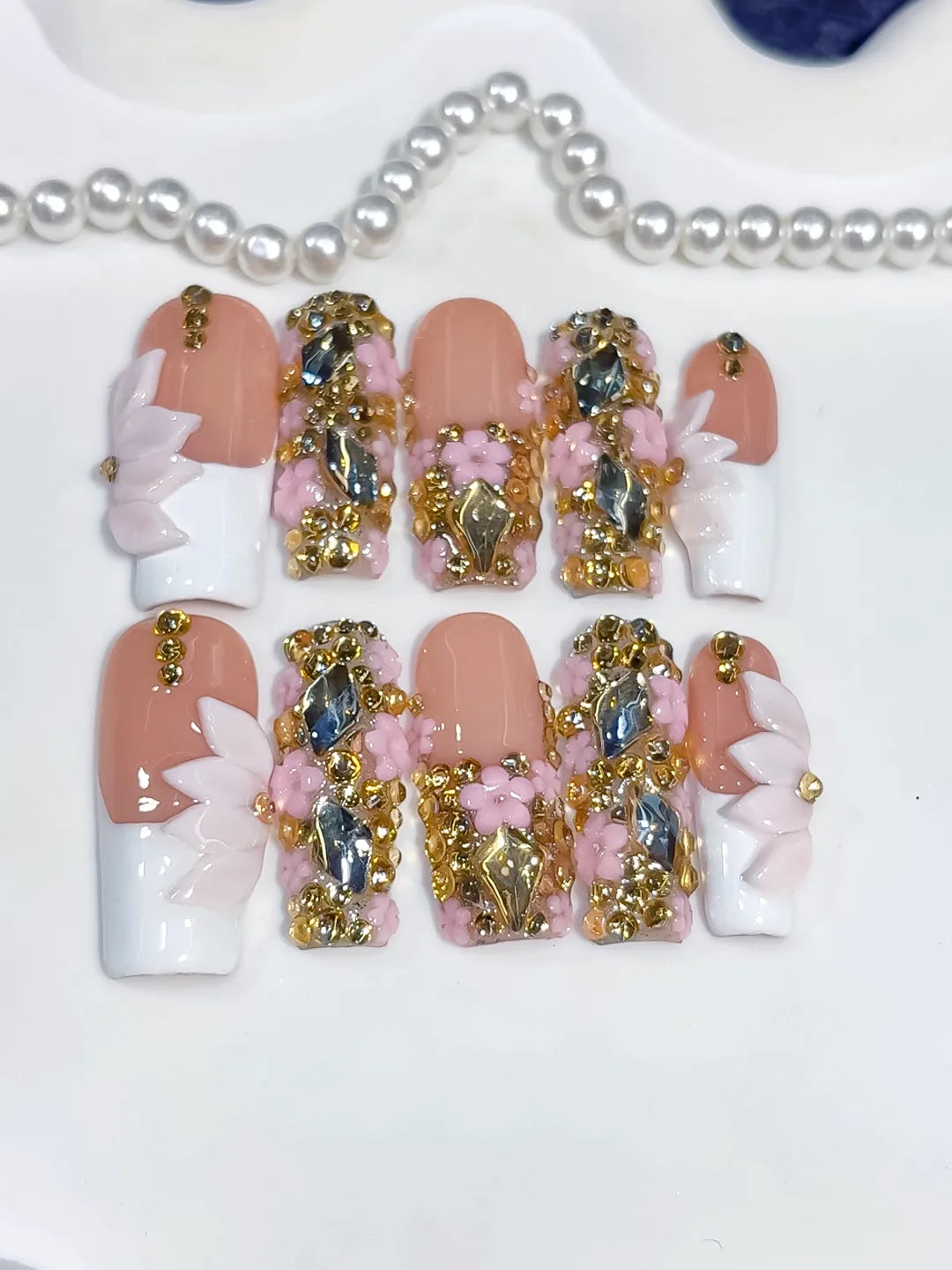 L300 - Long Nude White Square French tip Flower Bow