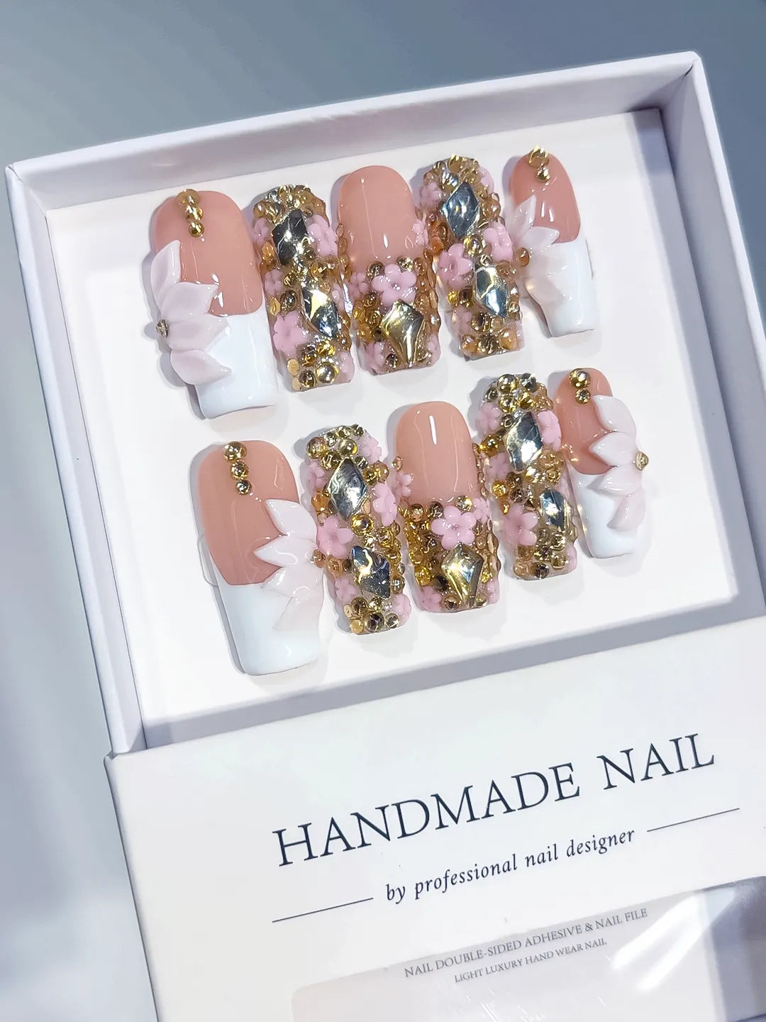 L300 - Long Nude White Square French tip Flower Bow